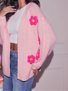 VICI Chunky Knit Open-Front Cardigan – Pink Floral – Size XS
